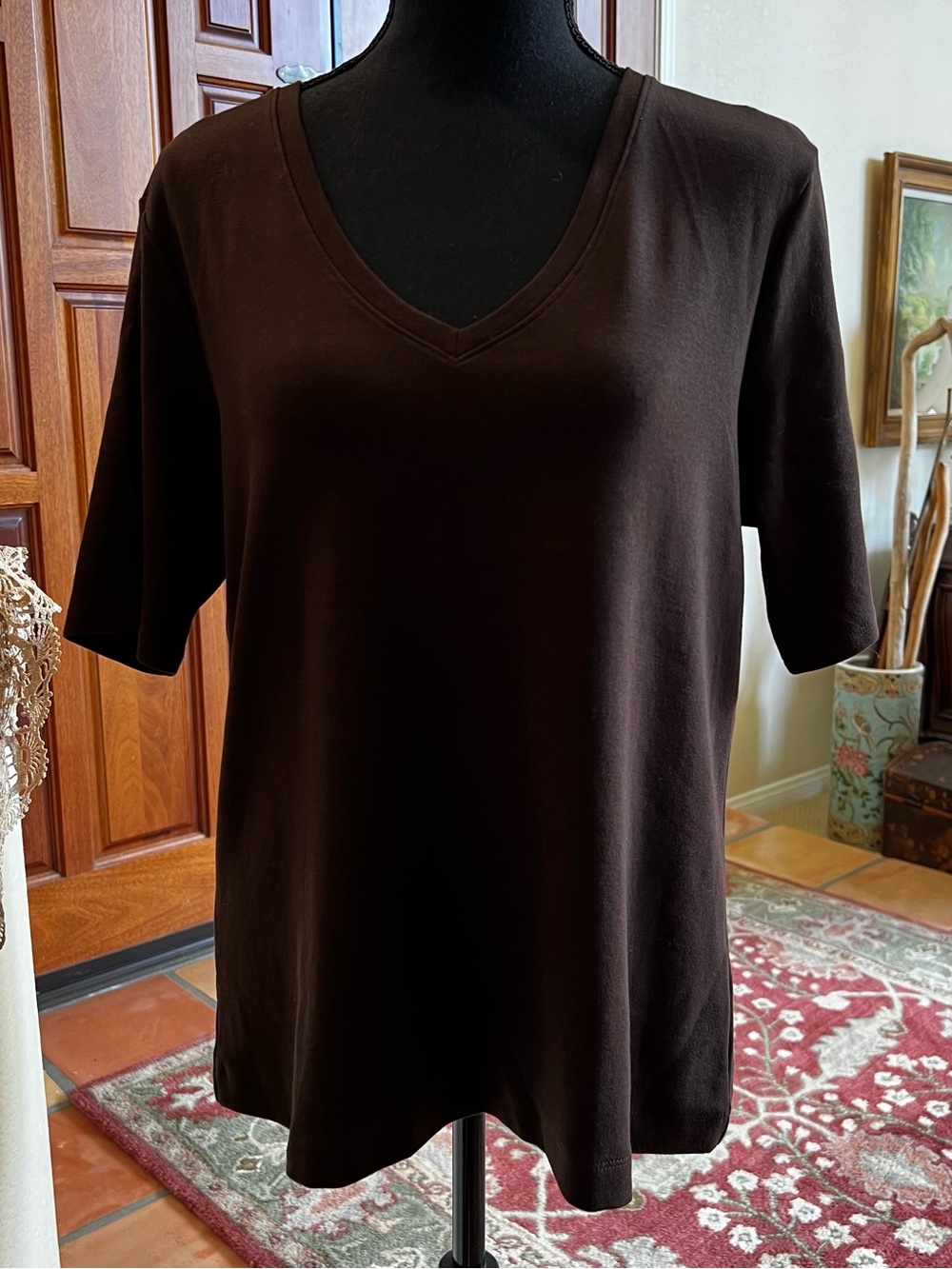 Chicos Short Sleeve Women’s Brown Top 2 Med Cotton Spandex V Neck True Color T